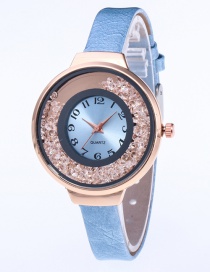 Fashion Light Blue Diamond Decorated Pure Color Strap Watch