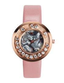 Fashion Pink Diamond Decorated Round Shape Dial Watch