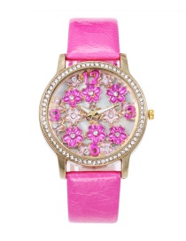 Fashion Plum Red Flowers Decorated Round Dial Watch
