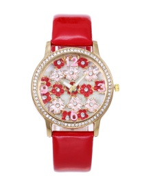 Fashion Red Flowers Decorated Round Dial Watch