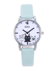 Fashion Light Blue Cats Decorated Round Dial Watch