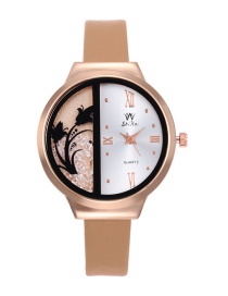 Fashion Brown Diamond&flowers Decorated Round Dial Watch