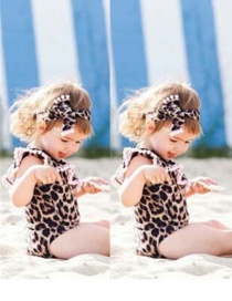 Fashion Brown Leopard Pattern Decorated Swimwear For Kids