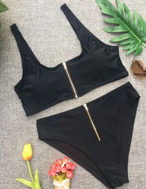 Fashion Black Solid Color High Waist Zipper Split Swimsuit