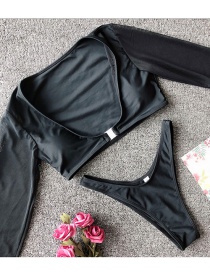 Fashion Black Solid Color Chest Buckle Mesh Bikini Split Swimsuit