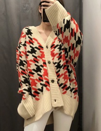 Fashion Khaki Houndstooth V-neck Single-breasted Sweater
