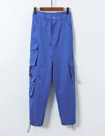 Fashion Blue Multi-pocket Drawstring With Wide-leg Pants