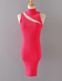 Fashion Rose Red Fluorescent Stand Collar Openwork Knit Dress