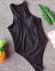 Black Mesh Bikini Zipper One-piece Swimsuit