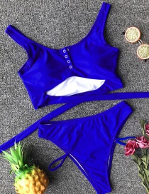 Blue Solid Color Dark Buckle Two-piece Bikini