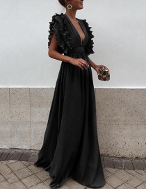 Black Dress V-neck Ruffled Short Sleeve