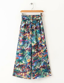 Fashion Colored Coco Flower Printed Lace-up Pants Wide-leg Pants
