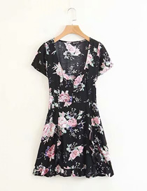 Fashion Black Ruffled Floral Short Sleeve V-neck Dress