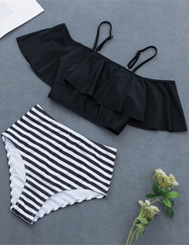 Fashion Black Strips Ruffled Shoulder High Waist Bikini