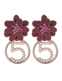 Fashion Red Wine Alloy Pearl Fabric Flower Number 5 Stud Earrings