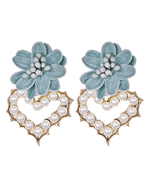 Fashion Blue Alloy Pearl Fabric Flower Love Earrings