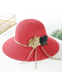 Fashion Rose Red Big Leather Rope Double Straw Hat