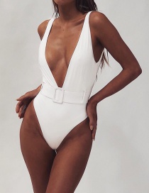 Fashion White One-piece Swimsuit Leopard Belt Buckle Bikini