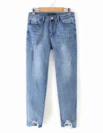 Fashion Light Blue Shredded Washed Jeans