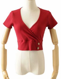 Fashion Red Buttoned Crossbody V-neck Short-sleeved T-shirt