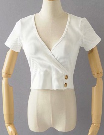 Fashion White Buttoned Crossbody V-neck Short-sleeved T-shirt