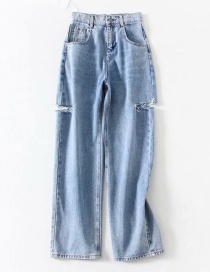 Fashion Blue Washed Holes And Long Denim Trousers