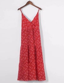 Fashion Red V-neck Cross Ruffled Pleated Dress