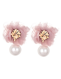 Fashion Leather Pink Pearl Mesh Flower Earrings