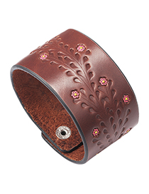 Fashion Brown + Red Flower Printed Oil Wide Leather Bracelet
