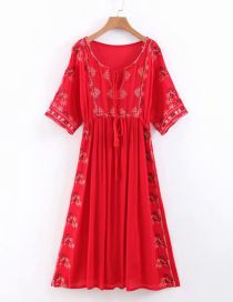 Fashion Red Embroidered V-neck Dress