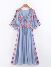 Fashion Light Blue Embroidered V-neck Dress