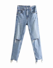 Fashion Blue Washed Hole Jeans