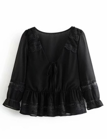 Fashion Black Crocheted Lace Stitching V-neck Tie With Seven-quarter Sleeve Shirt