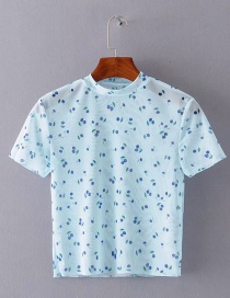 Fashion Cherry Blue Openwork Flower Print Mesh T-shirt