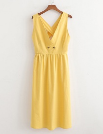 Fashion Yellow Cross Belt V-neck Dress
