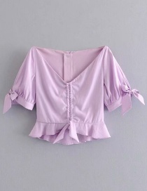 Fashion Purple Ruffled Drawstring Pleated Sleeve Bow Shirt