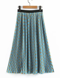 Fashion Hole Blue Geometric Printed Pleated Skirt