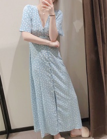 Fashion Blue Flower Printed V-neck Single-breasted Dress