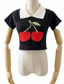 Fashion Black Cherry Print Knit Lapel T-shirt