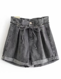 Fashion Black Ash Washed Lace-up String High Waist Wide Leg Denim Shorts