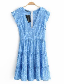 Fashion Blue V-neck Ruffled Flower Print Dress