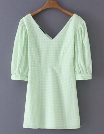 Fashion Green Plaid V-neck Print Dress