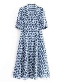Fashion Blue Floral Print Suit Collar Dress