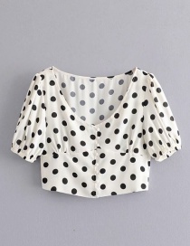 Fashion White Puff Sleeves Dot Print Short Shirt
