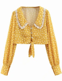 Fashion Ginger Yellow V-neck Small Flower Lace Doll Collar Shirt