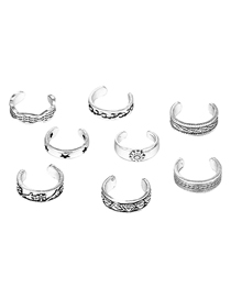 Fashion Silver Openwork Carved Wavy Leaf Ring Set Of 8