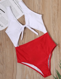 Fashion Red Splicing And Knotted Openwork One-piece Swimsuit