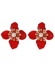 Fashion Red Drop Oil Petal Pearl Flower Earrings