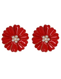 Fashion Red Small Chrysanthemum Color Diamond Drop Oil Pearl Earrings