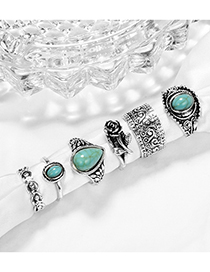 Fashion Silver Water Drop Turquoise Rose Knotted Open Ring Set Of 10